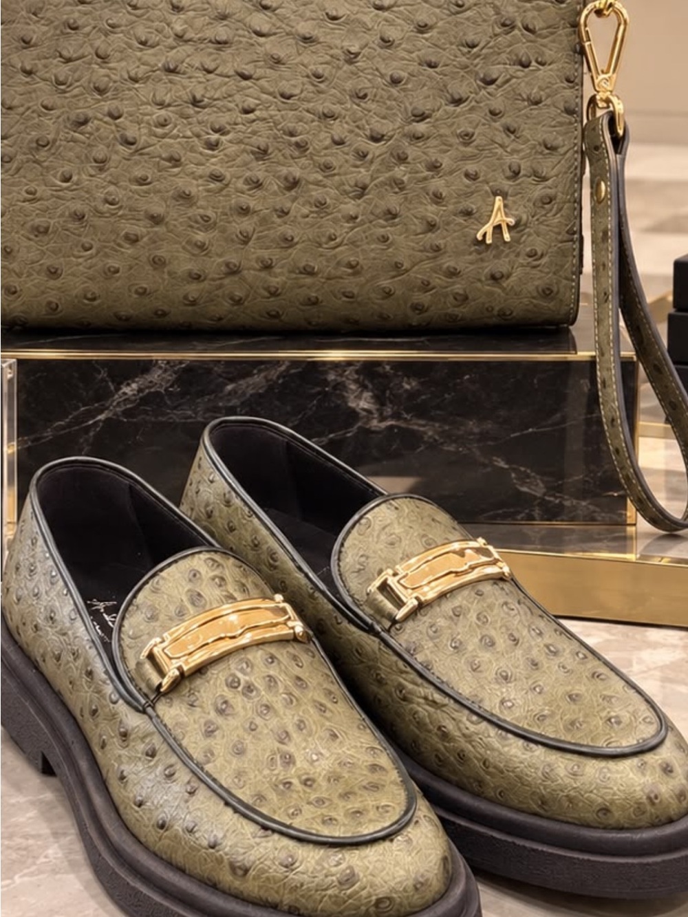 Olive Green ostrich print bag with Men's Leather Loafers with Gold Accent